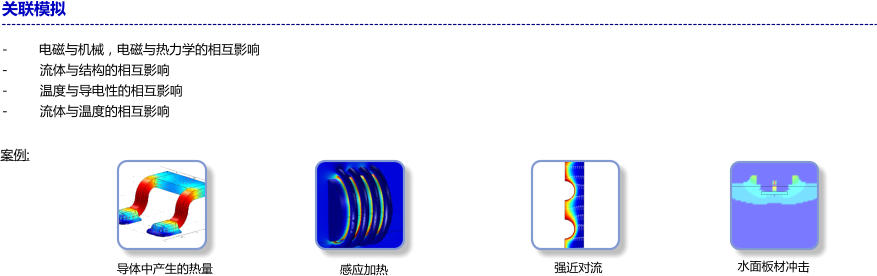 关联模拟  -	电磁与机械，电磁与热力学的相互影响 -	流体与结构的相互影响 -	温度与导电性的相互影响 -	流体与温度的相互影响       导体中产生的热量  感应加热 案例: 强近对流 水面板材冲击
