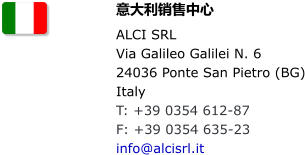 意大利销售中心 ALCI SRL Via Galileo Galilei N. 6 24036 Ponte San Pietro (BG) Italy T: +39 0354 612-87 F: +39 0354 635-23 info@alcisrl.it