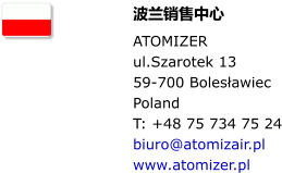 波兰销售中心 ATOMIZER ul.Szarotek 13 59-700 Bolesławiec Poland T: +48 75 734 75 24 biuro@atomizair.pl www.atomizer.pl
